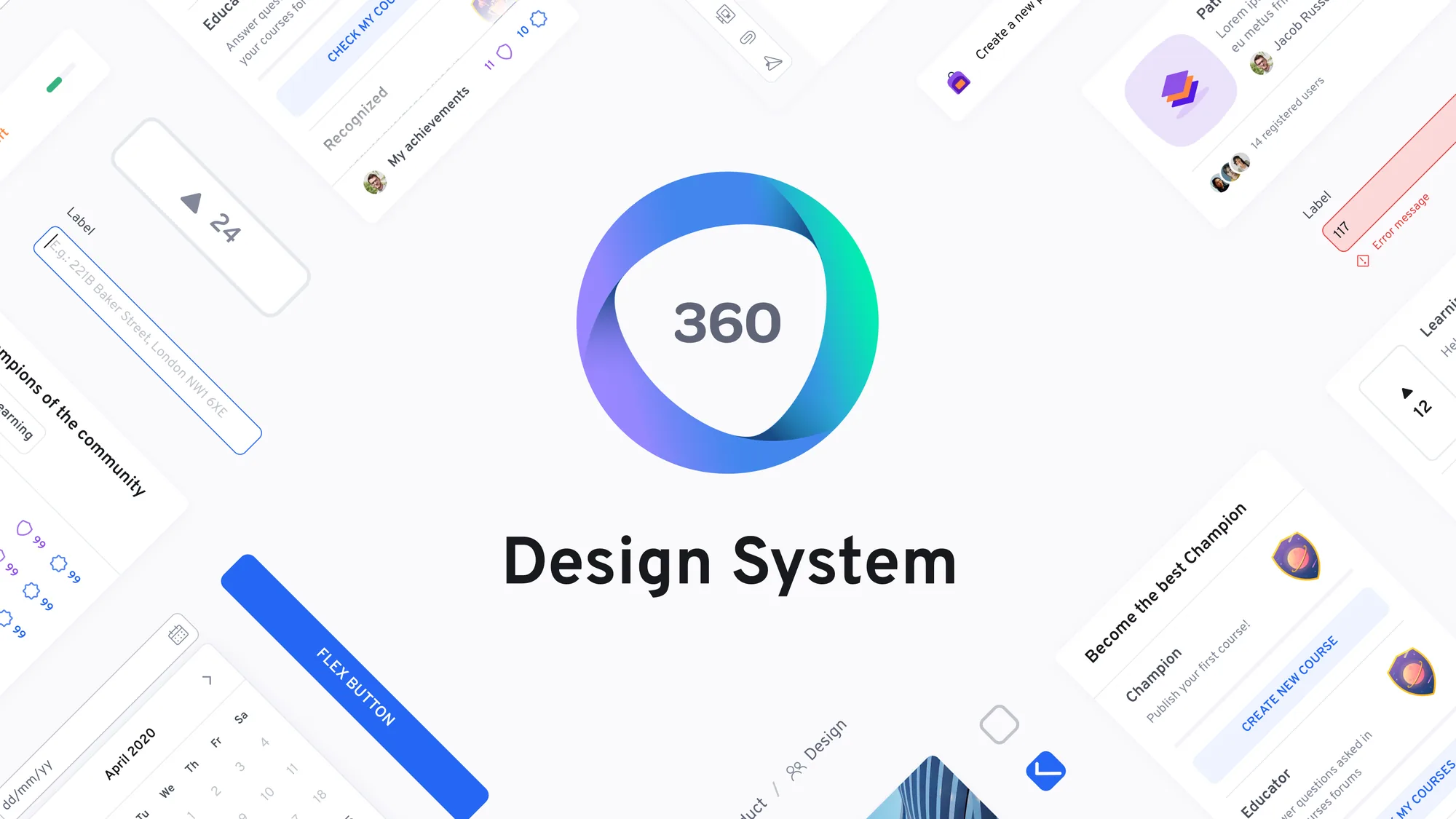360Learning design system cover: form fields, buttons, badges, calendar and card components around the logo