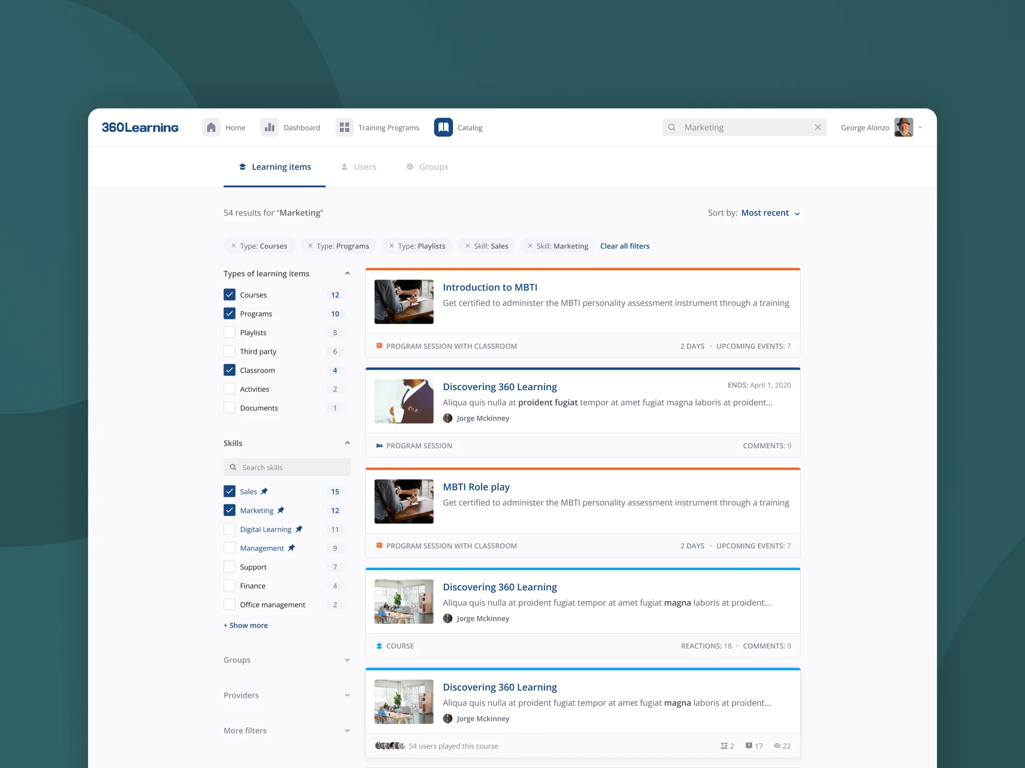 360Learning catalog search: learning items filtered by type and skill with course result cards