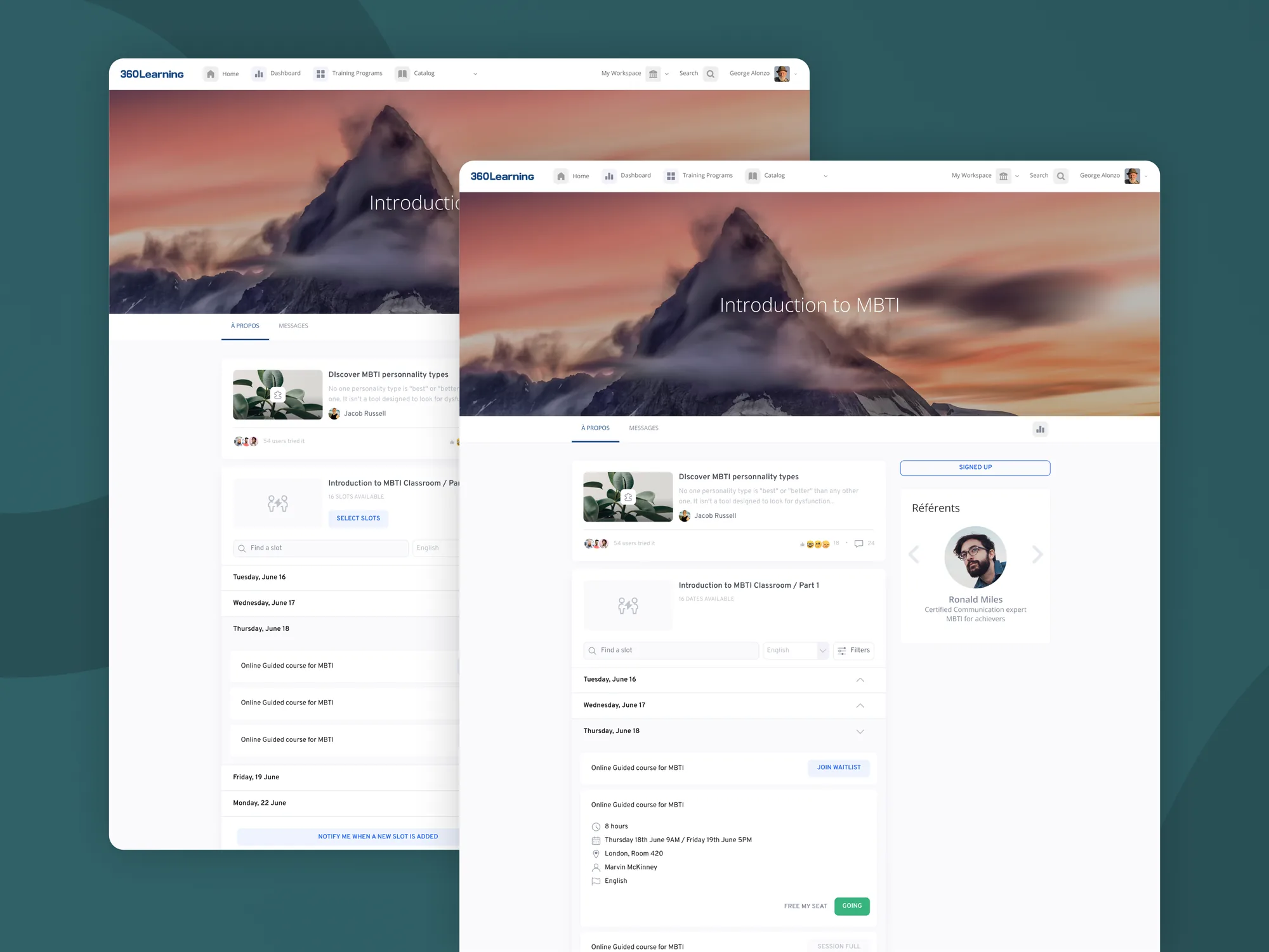 360Learning classroom course page: session slots by date with waitlist and sign-up states