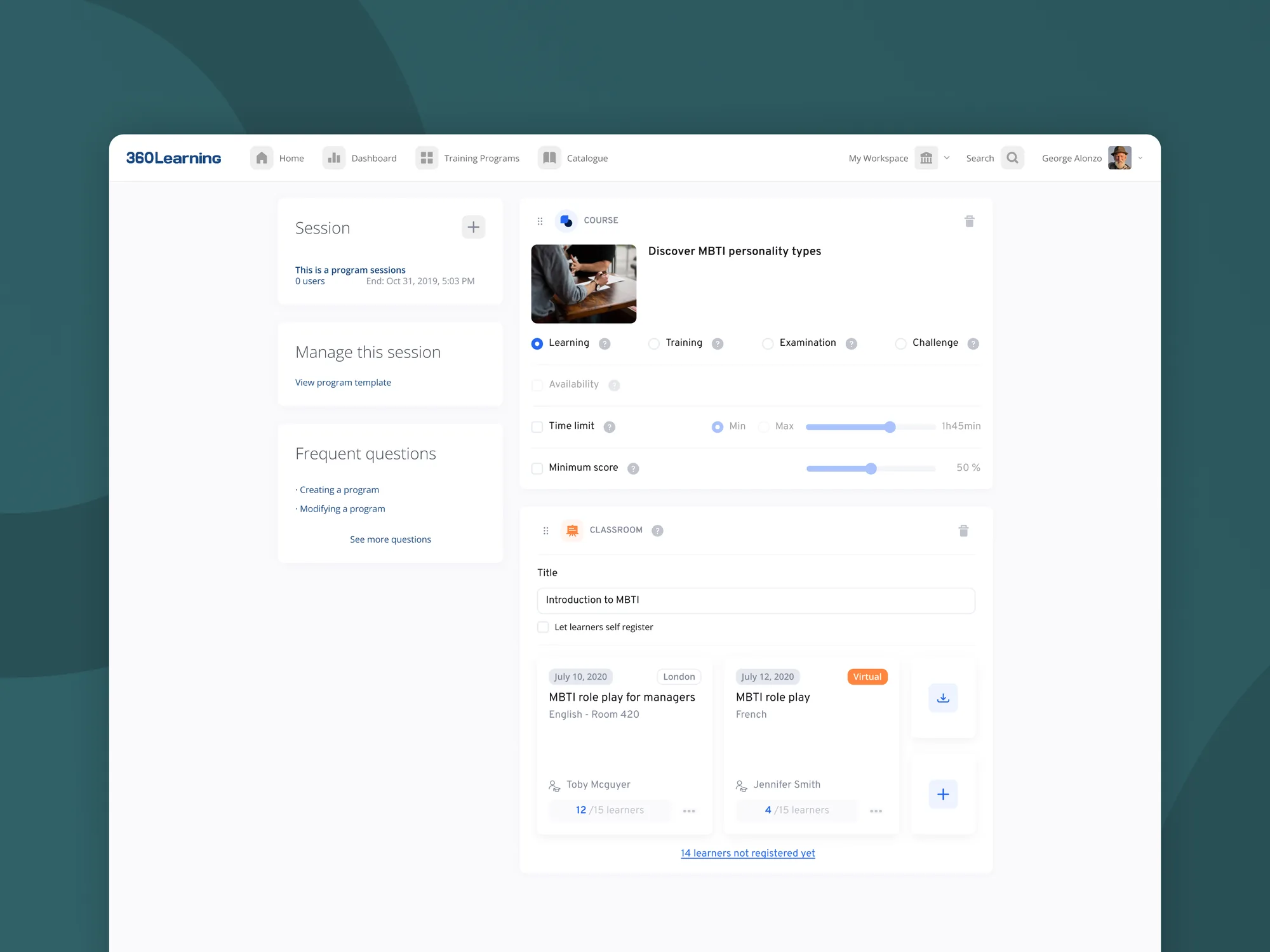 360Learning classroom builder: course settings with time limit and score sliders, session cards by location