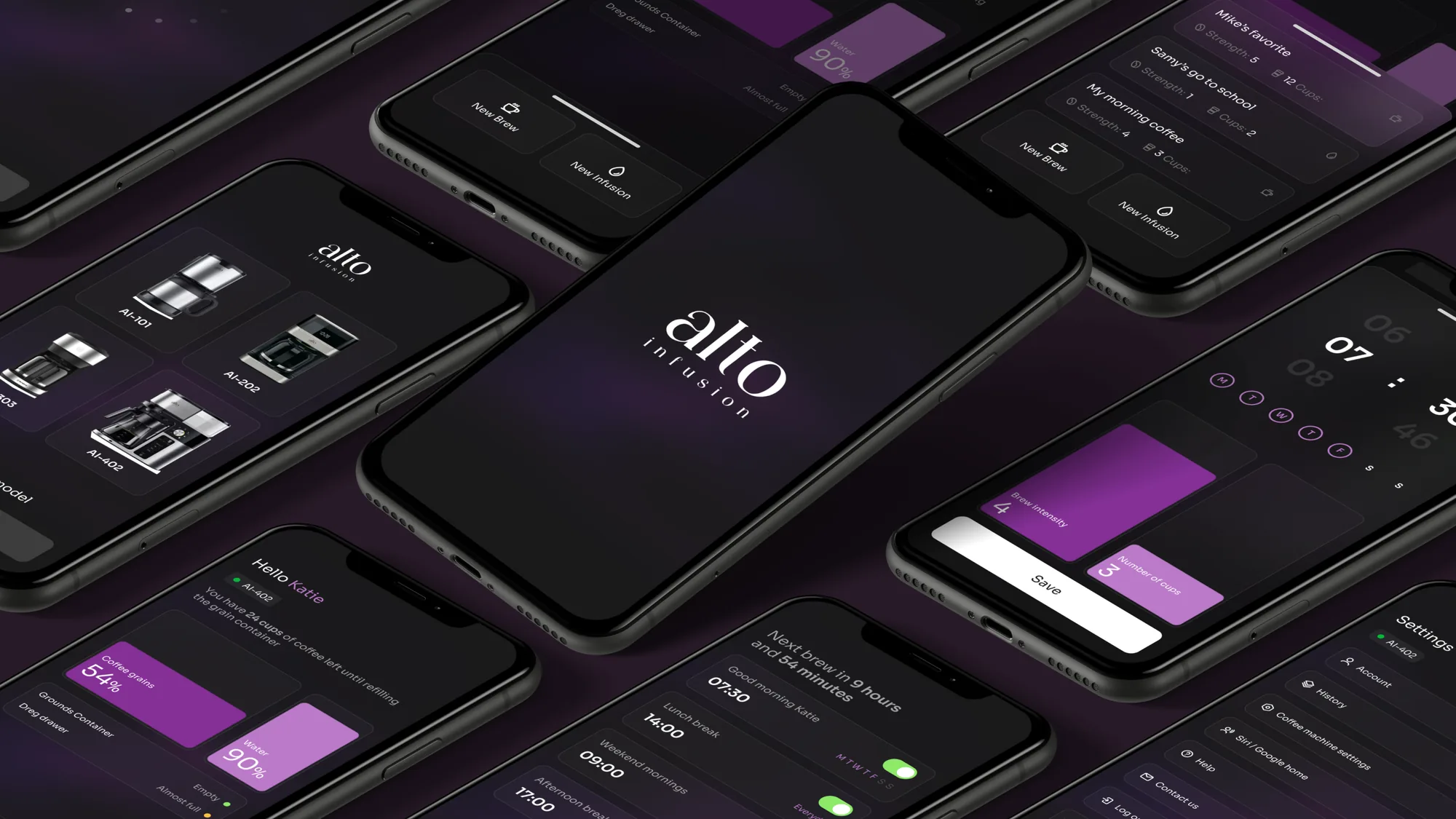 Alto Infusion app screens on dark purple background: machine dashboard, brew presets and scheduling