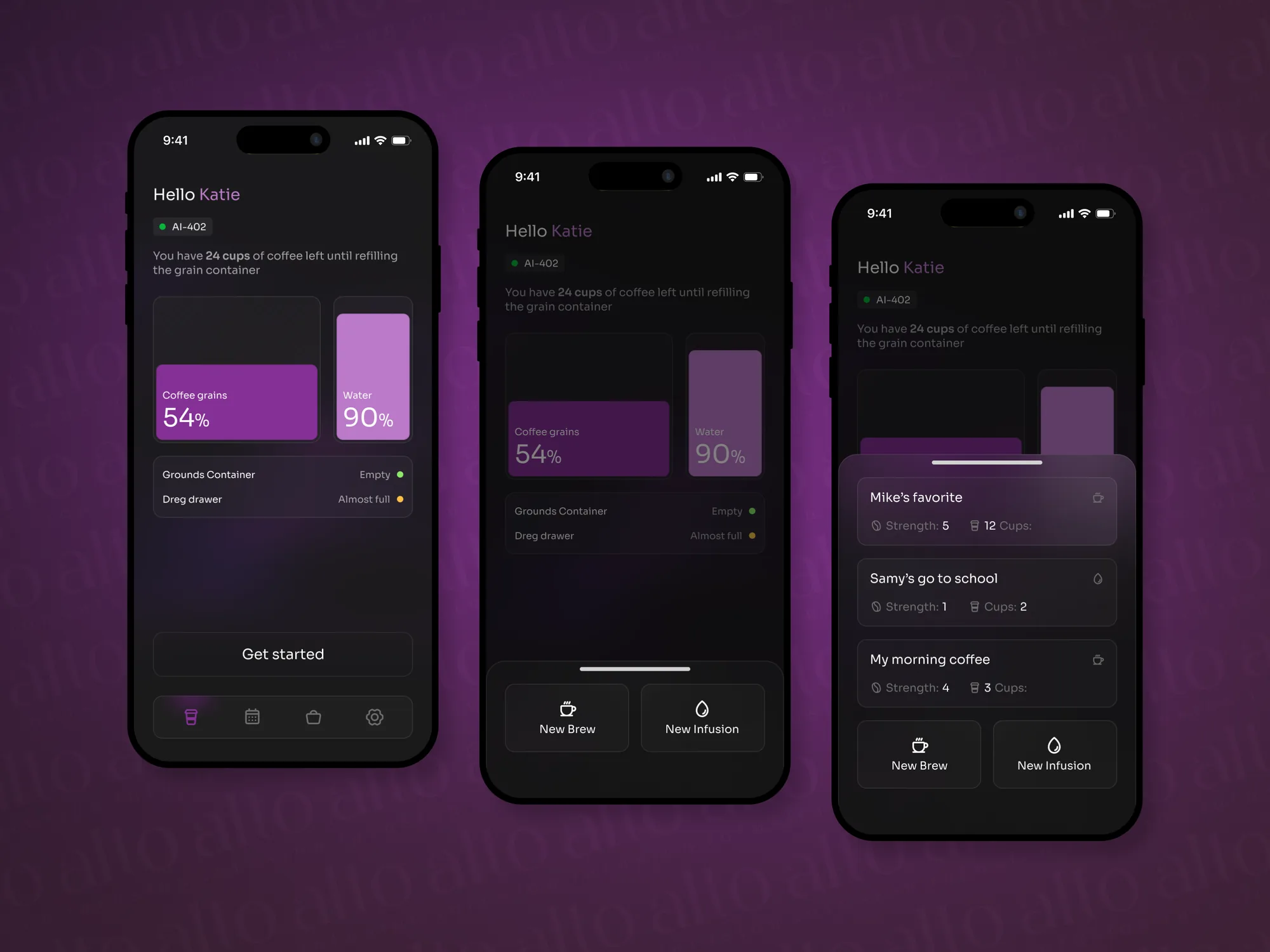 Alto app home: coffee grains and water levels, brew presets like 'My morning coffee' with strength and cups