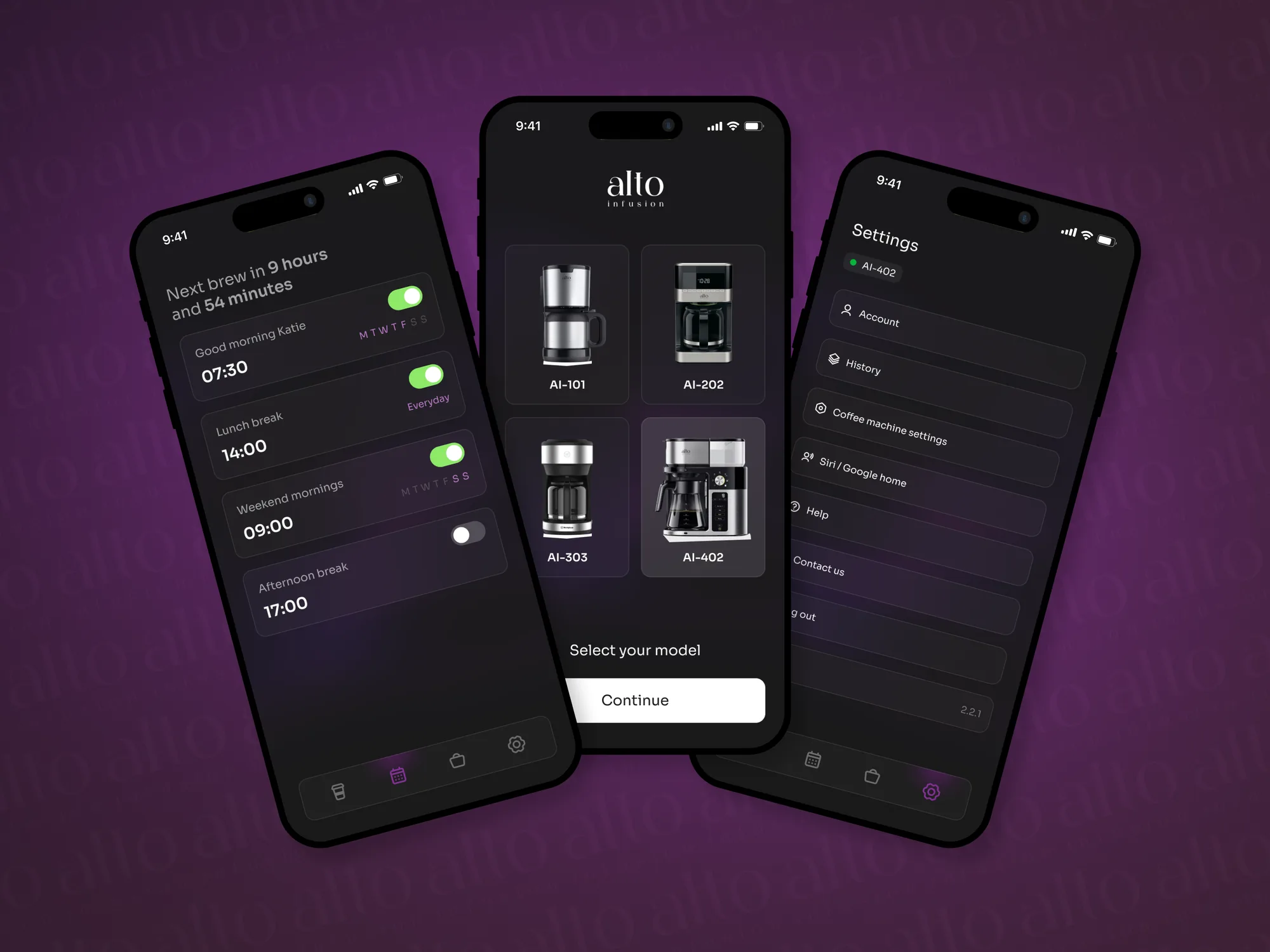 Alto app: brew schedule with daily routines, coffee machine model selection and settings screens