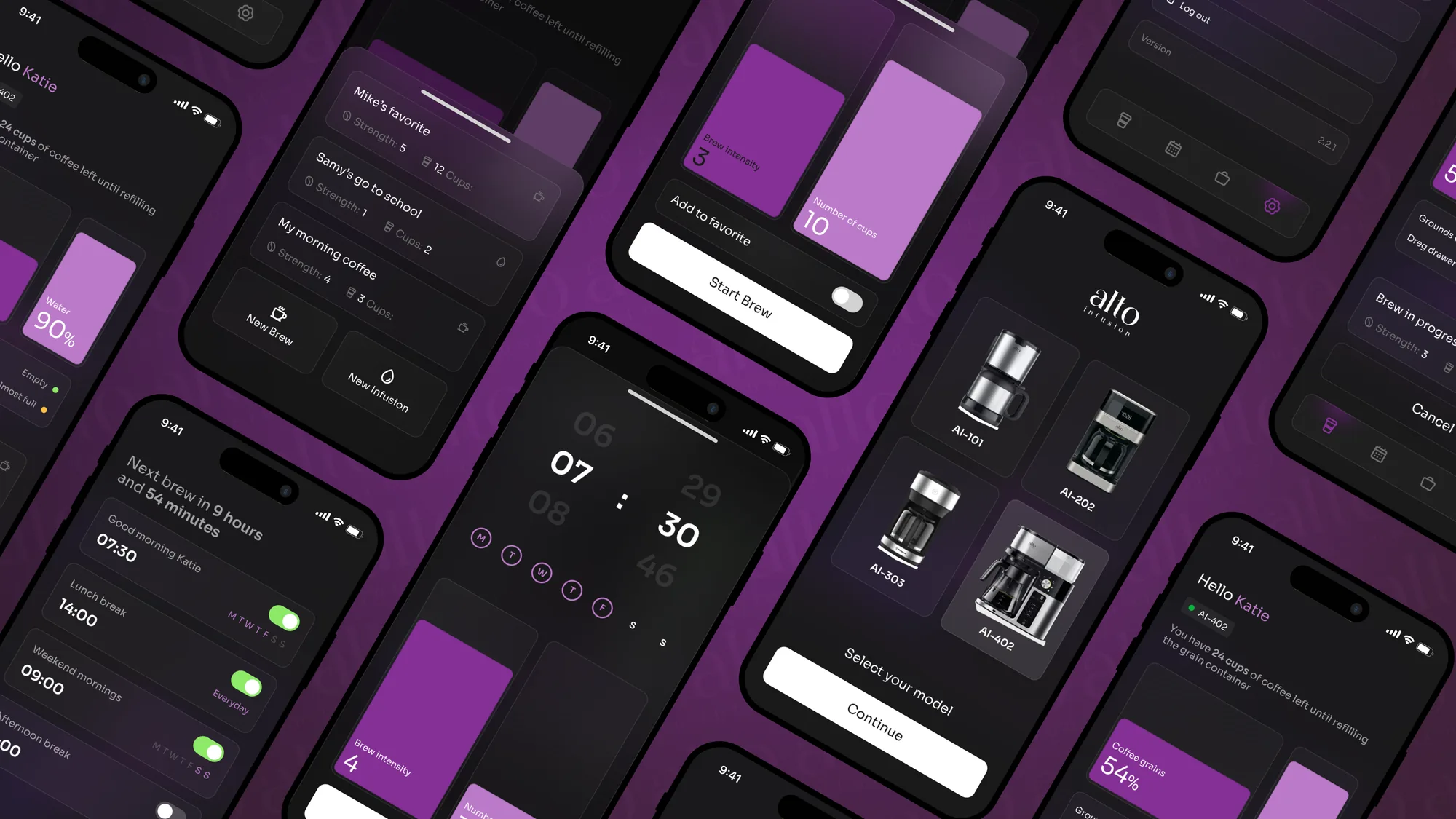 Alto app screens overview: brew timer, intensity and cup settings, favorites and start brew flow