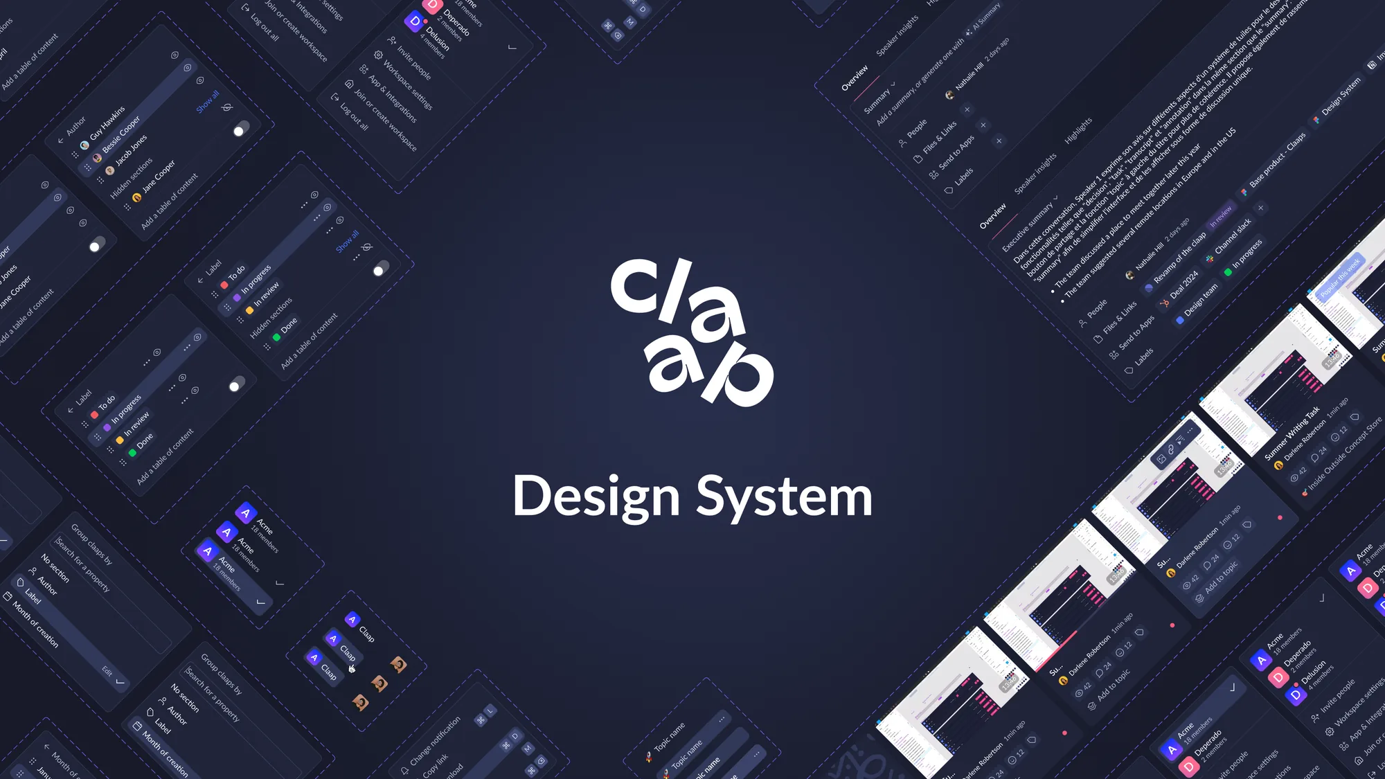 Claap design system cover: dark navy components and product screens arranged around the Claap logo