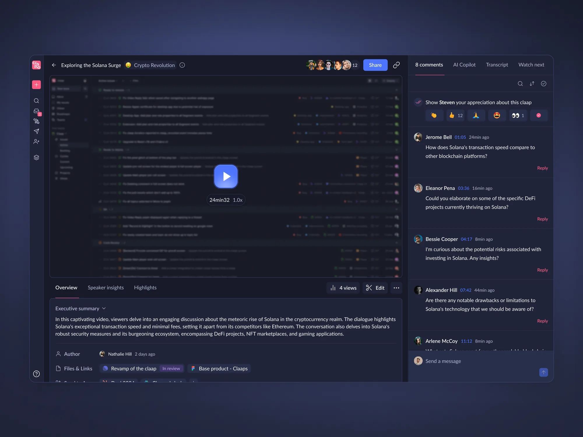 Claap video page: screen recording with AI executive summary, timestamped comments and reactions