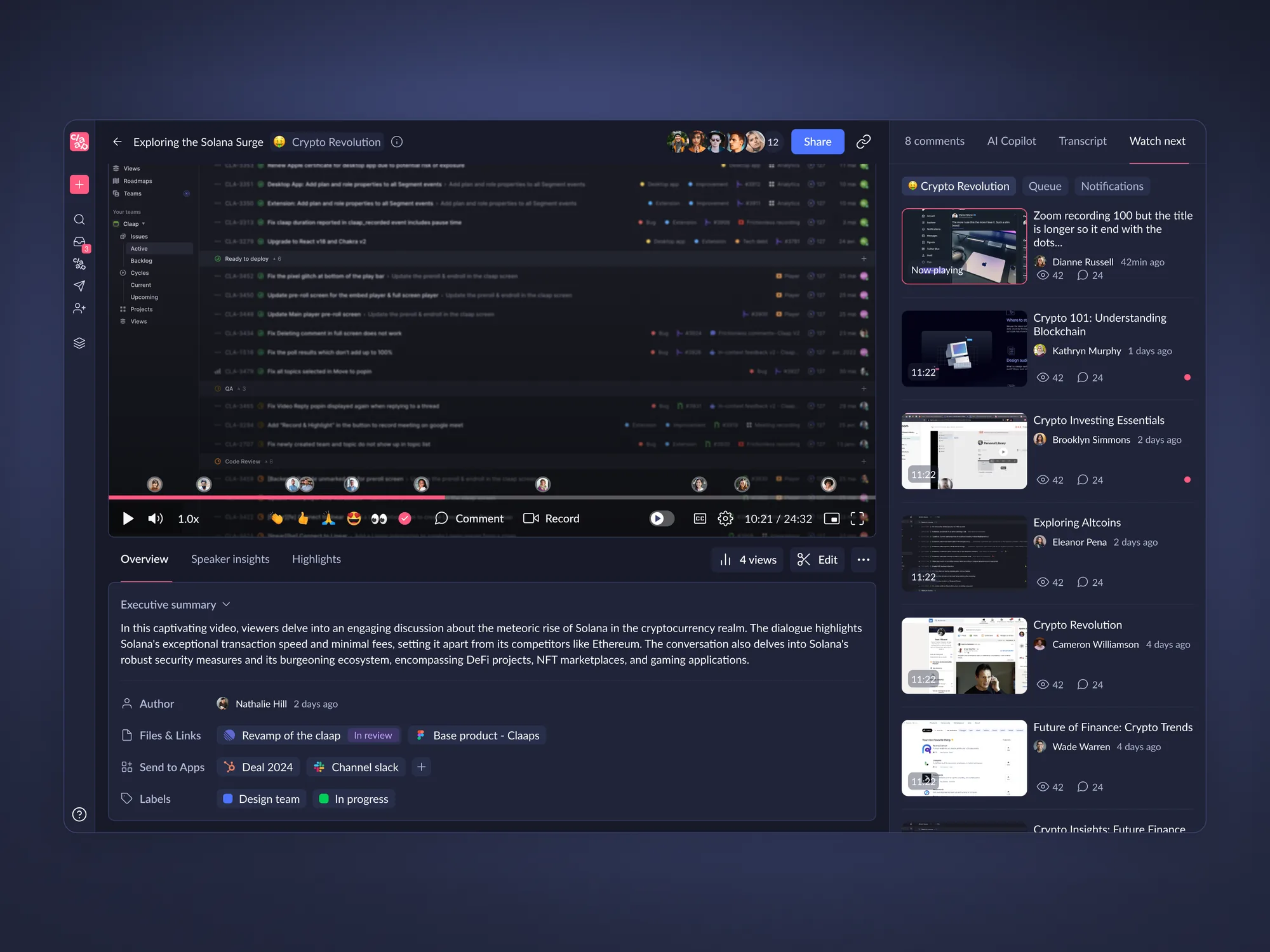 Claap video player: watch next queue, playback controls and links to roadmap items and Slack
