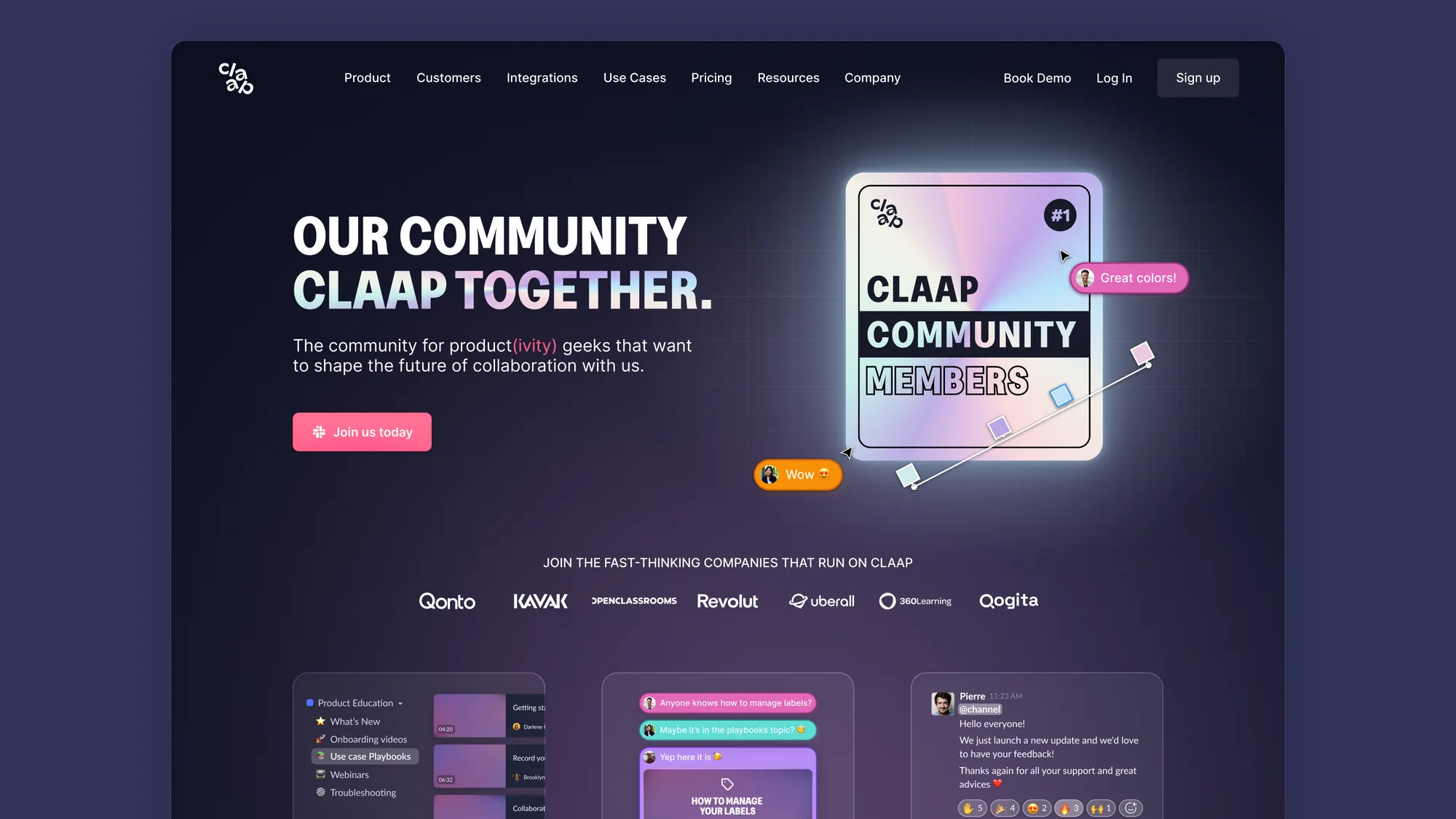Claap community landing page: 'Our community claap together' hero with customer logos including Qonto and Revolut