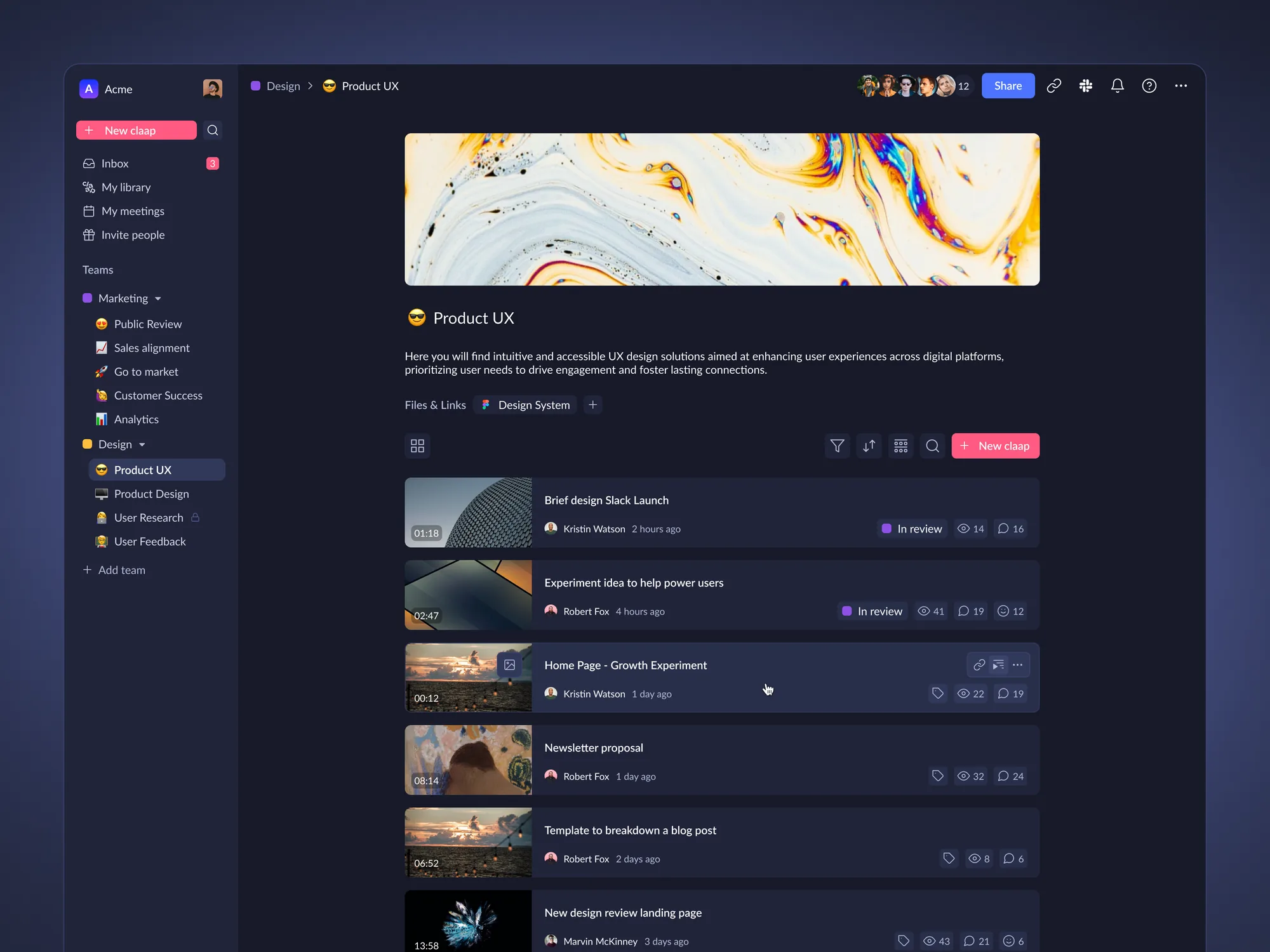 Claap workspace: Product UX topic listing claaps with review statuses, views and comments