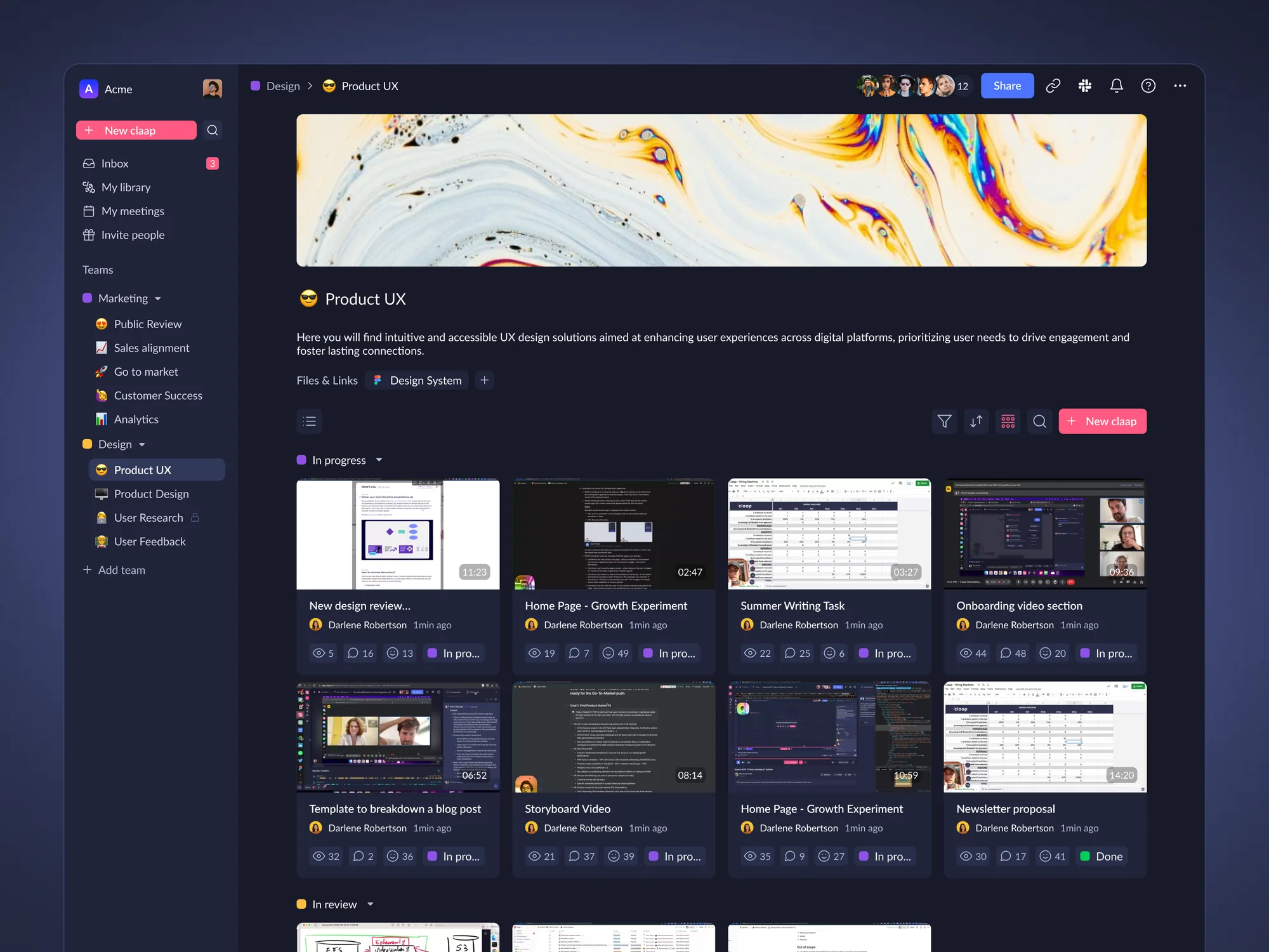 Claap workspace grid view: video thumbnails grouped by status, in progress and in review