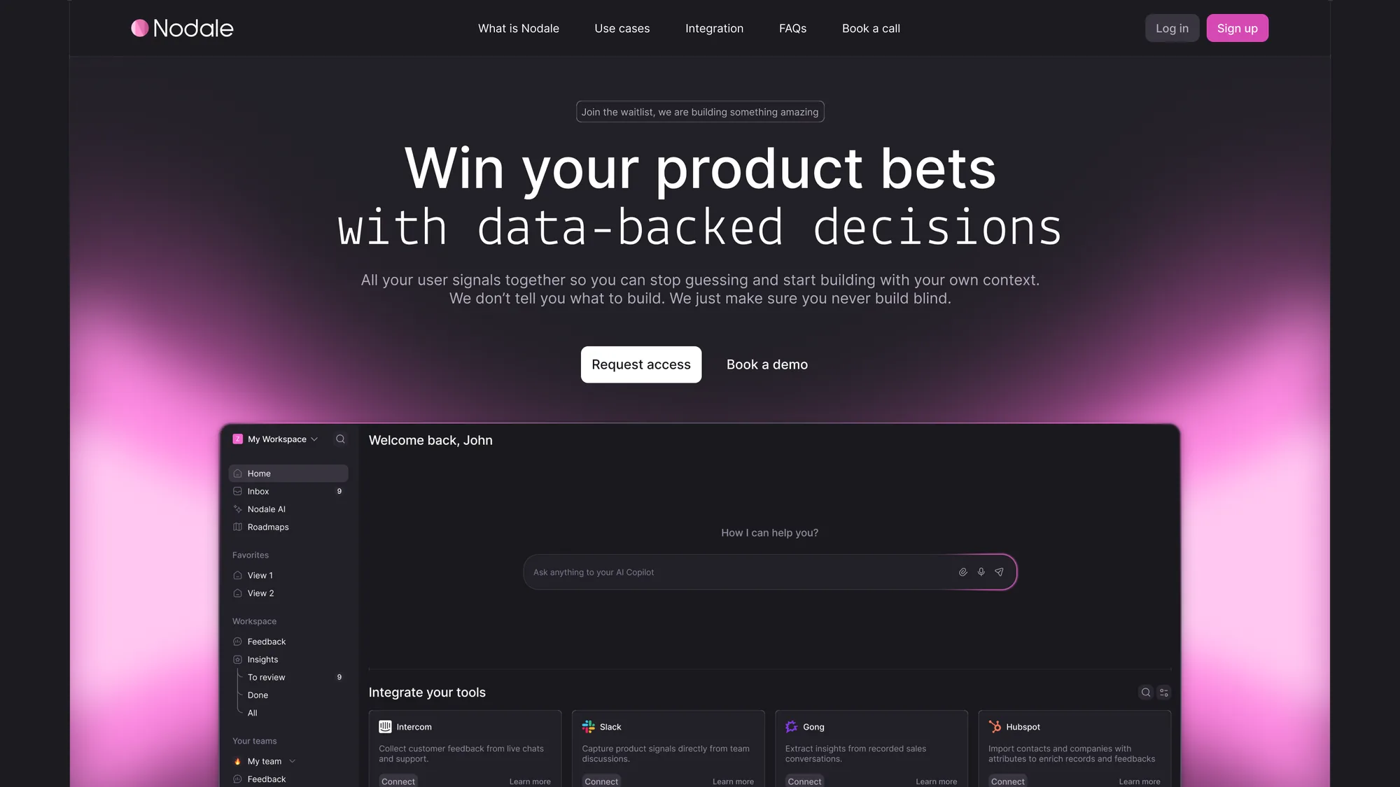 Nodale landing page: 'Win your product bets with data-backed decisions' hero above the AI copilot dashboard