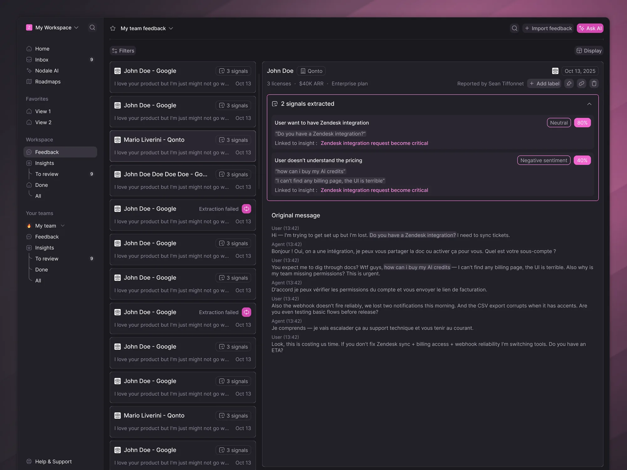 Nodale feedback inbox: customer conversations with AI-extracted signals linked to product insights