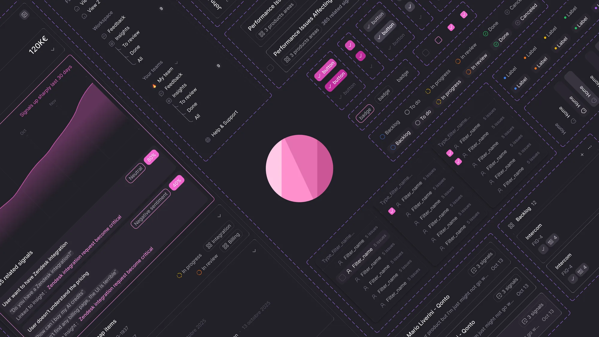 Nodale design system: buttons, badges, labels and filter components laid out around the logo