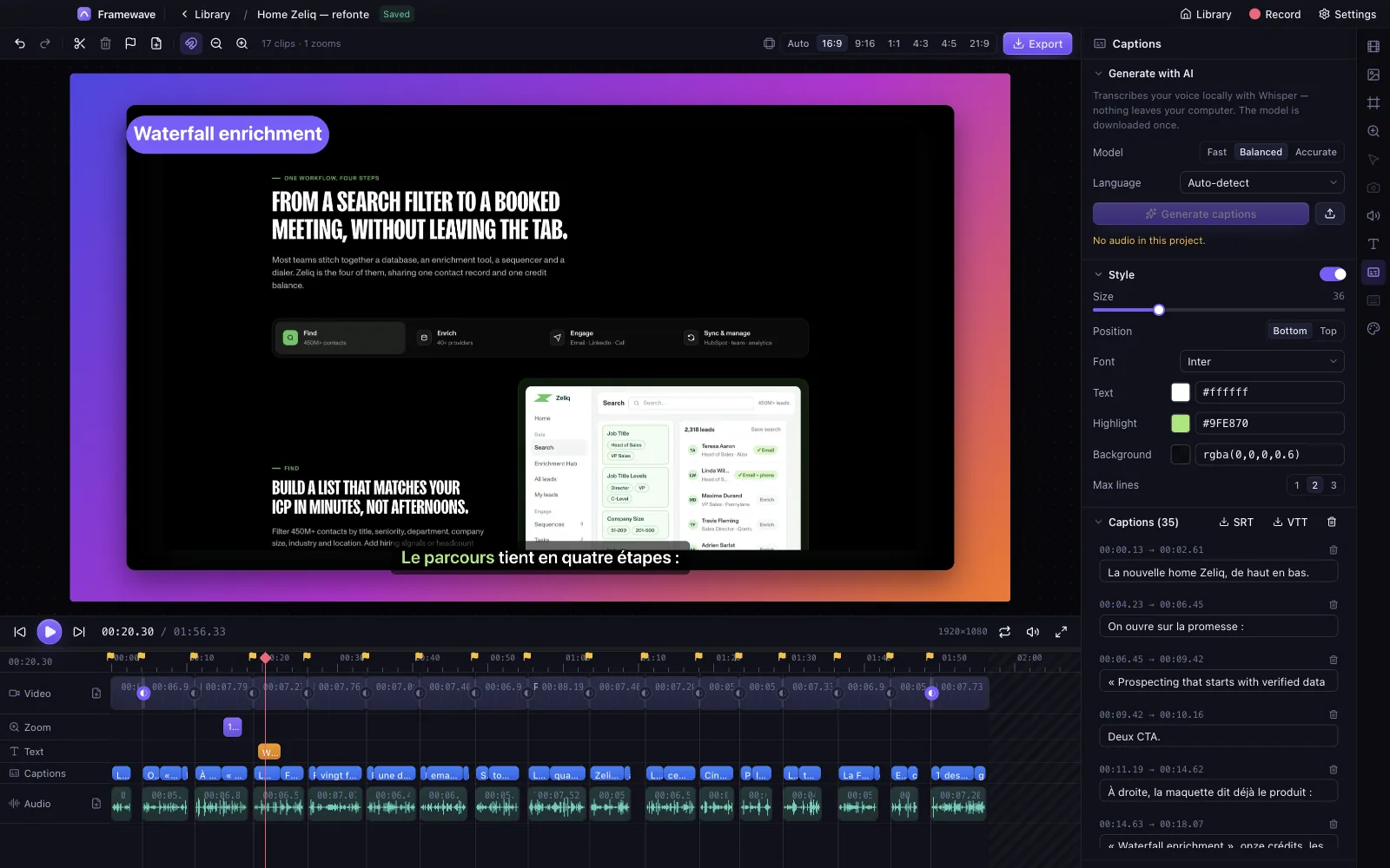 Framewave Captions panel: Whisper transcription running locally, style controls, and a list of 35 timed captions with SRT and VTT export