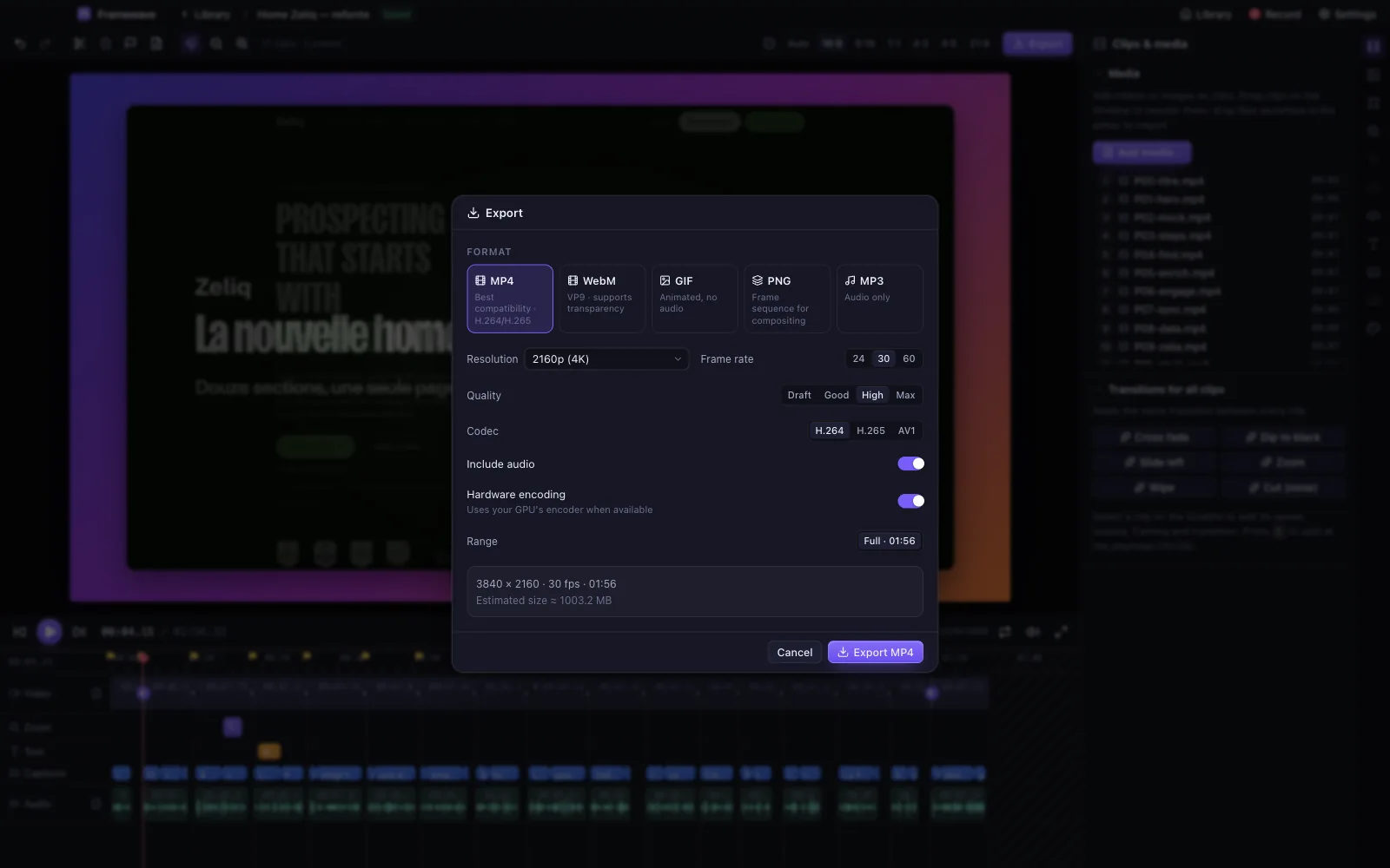 Framewave Export dialog: MP4, WebM, GIF, PNG sequence or MP3; 4K resolution, frame rate, quality, H.264/H.265/AV1 codec and hardware encoding
