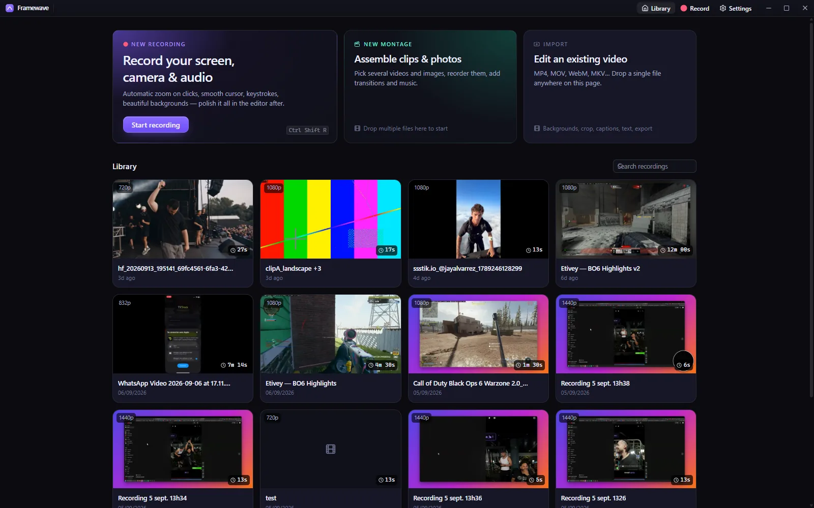 Framewave home: New recording, New montage and Import cards above the library of recent projects