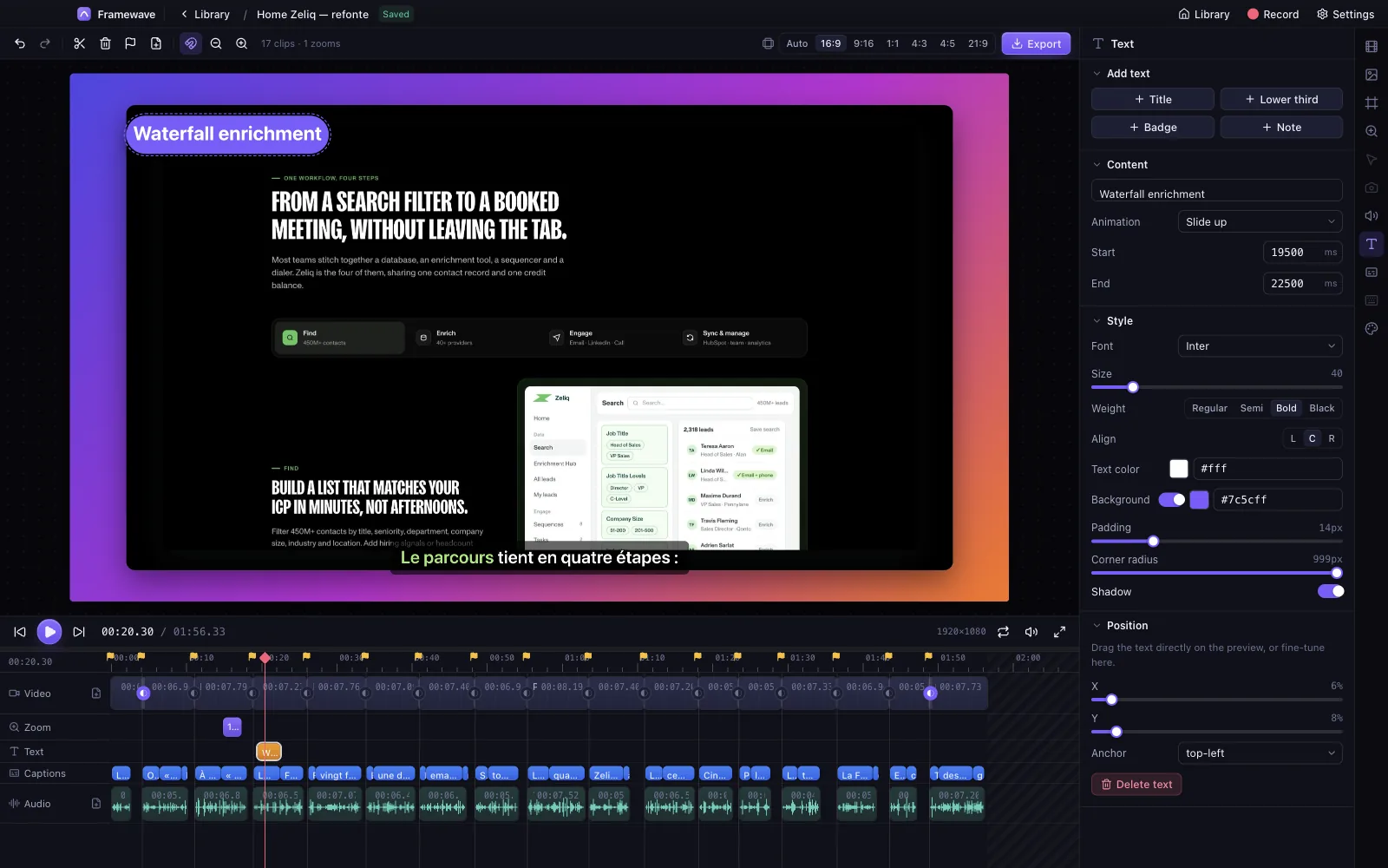 Framewave Text panel: a 'Waterfall enrichment' badge selected on the video, with animation, timing, font, colours, corner radius and position controls