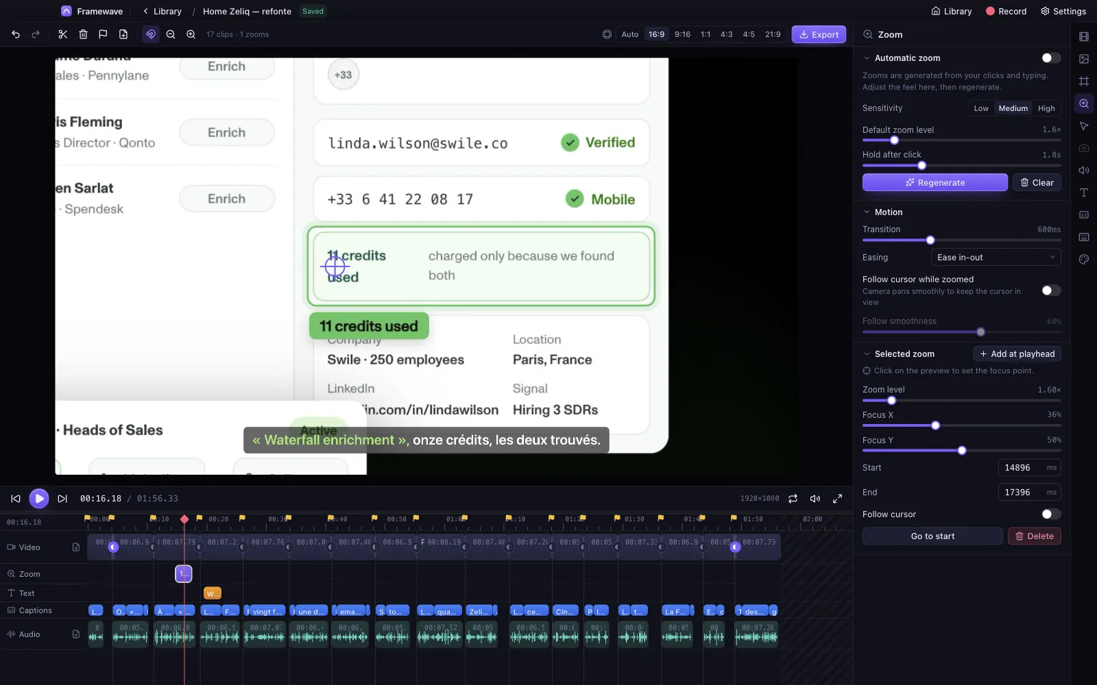 Framewave Zoom panel: automatic zoom with sensitivity, default level and hold time, motion easing, and a selected zoom with focus point and timing