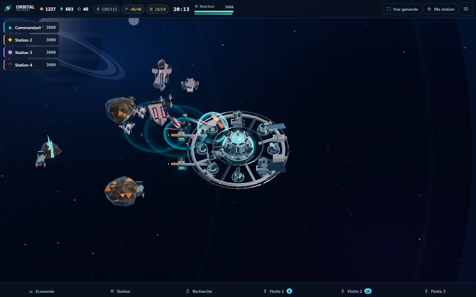 Orbital Foundry: four fleets fighting over the dark-matter rifts at the centre of the map