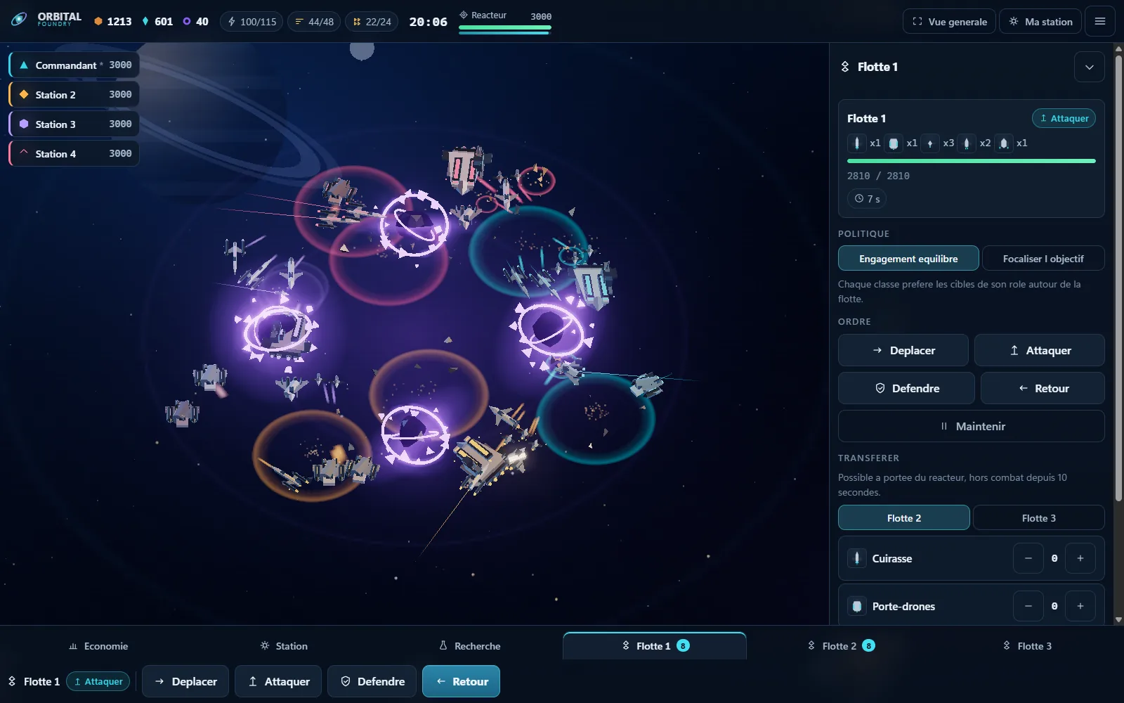 Orbital Foundry: the centre battle with the Fleet 1 card open, showing composition, orders and targeting policy