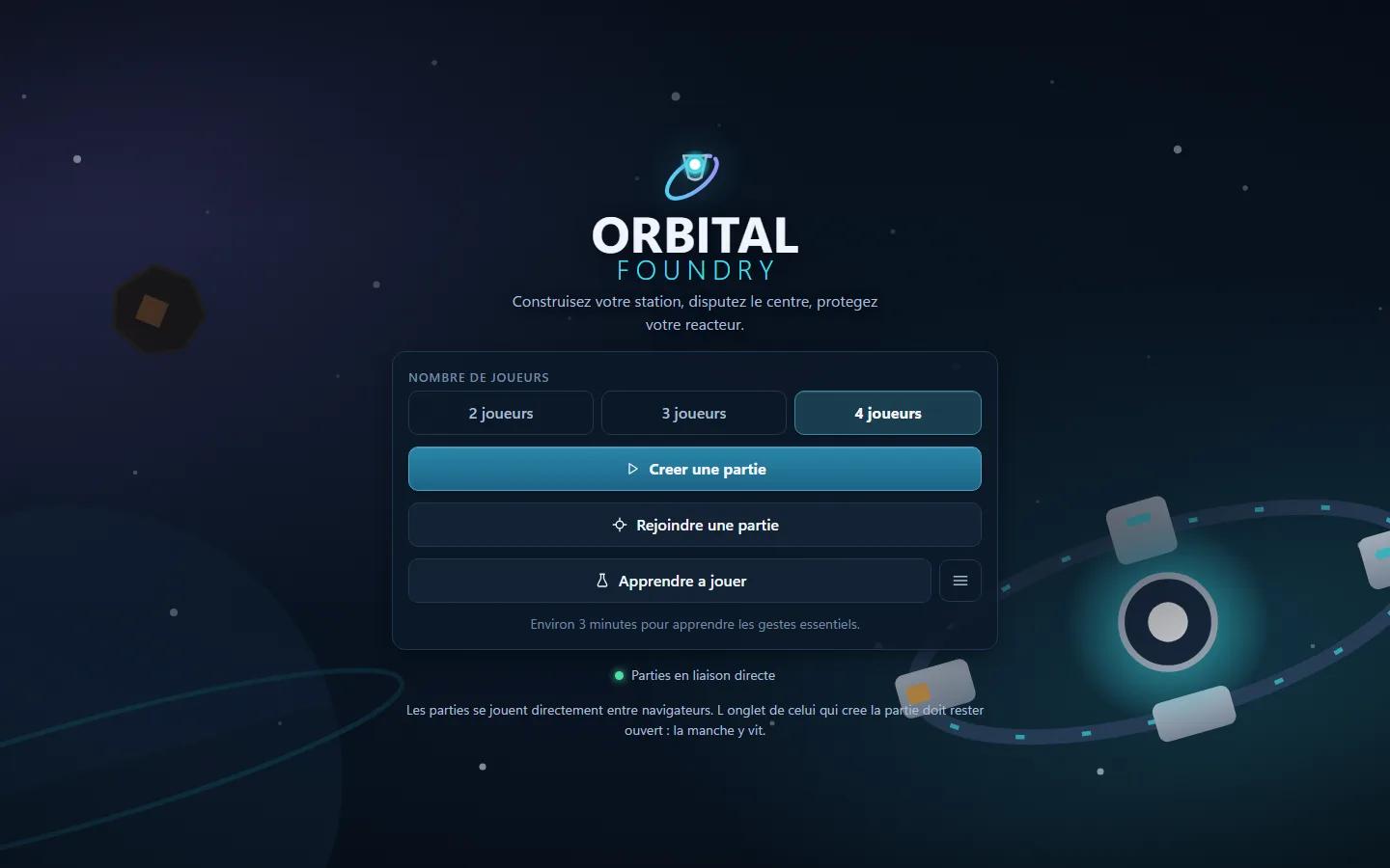 Orbital Foundry home screen: animated station scene with player-count selector, create and join buttons