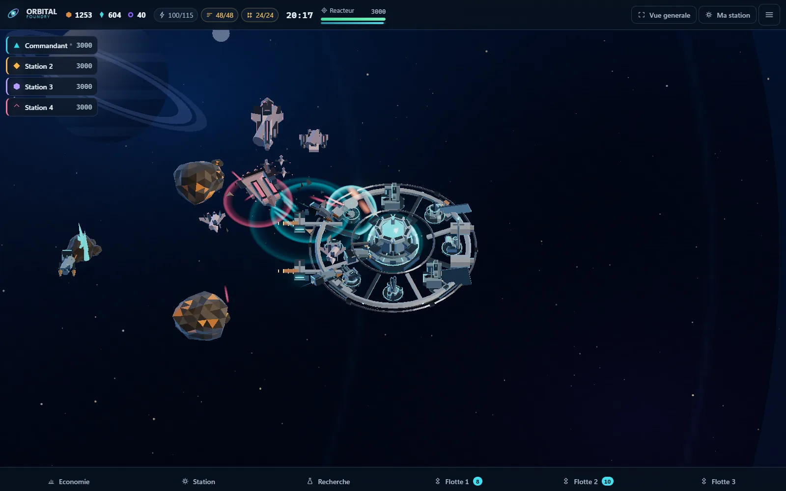 Orbital Foundry: wide view of the circular map with four symmetric stations and the contested centre