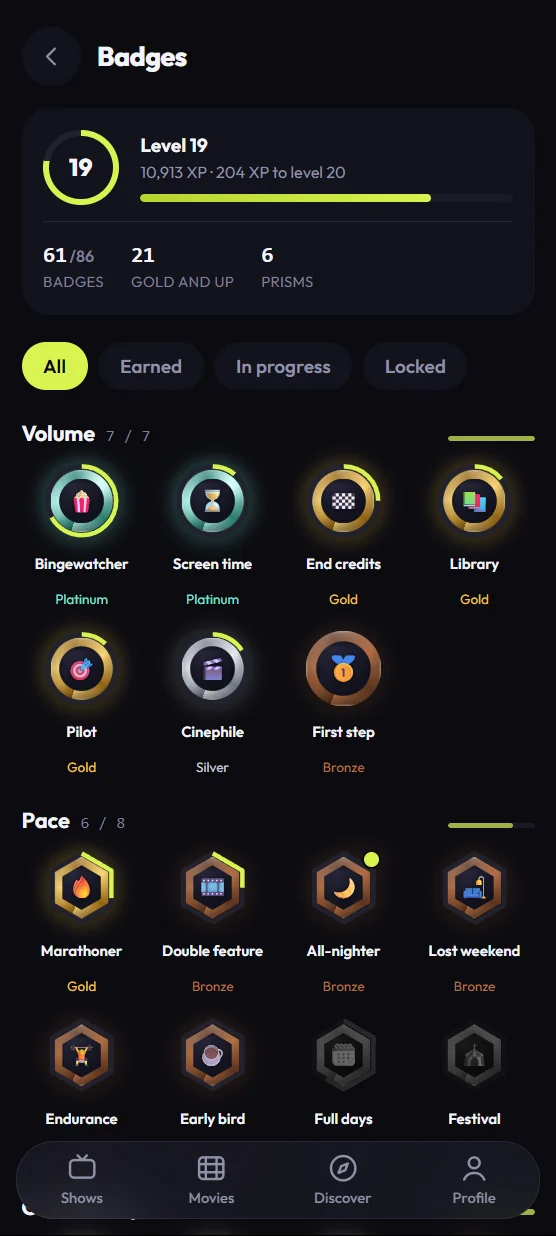 TV Track badges: level 19, 61 of 86 badges earned, with bronze to platinum tiers in the Volume and Pace families