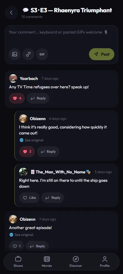 TV Track episode comments: threaded replies with likes, GIFs and automatic translation