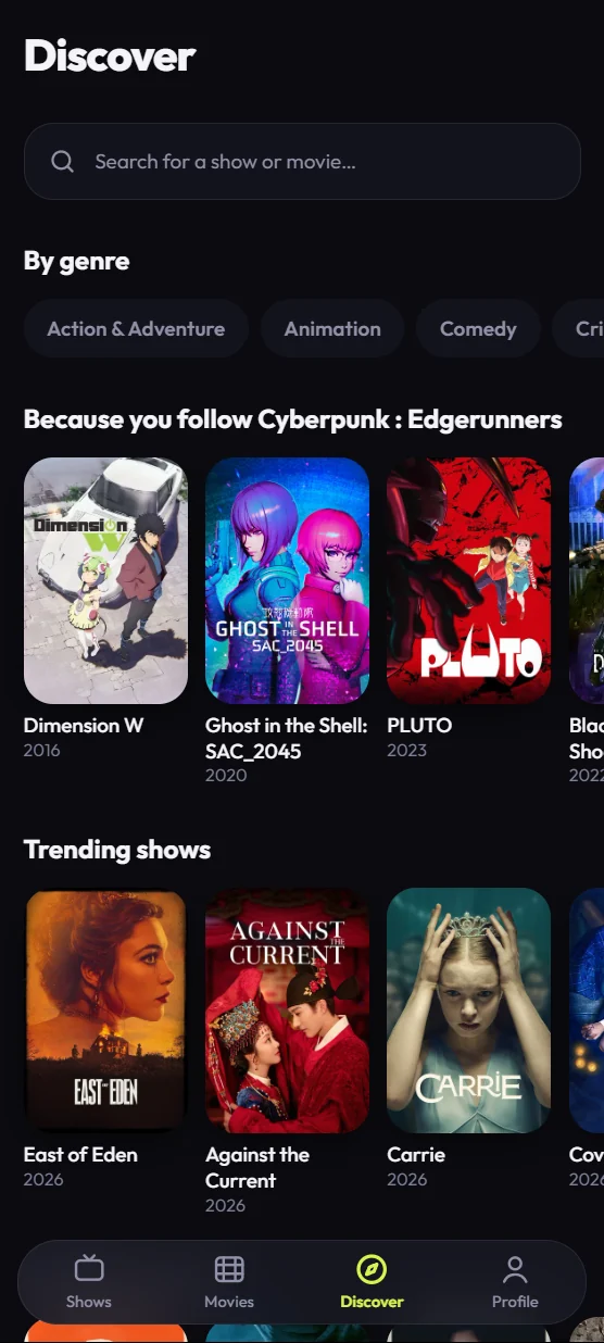 TV Track Discover tab: search, genres, recommendations based on a show you follow and trending shows