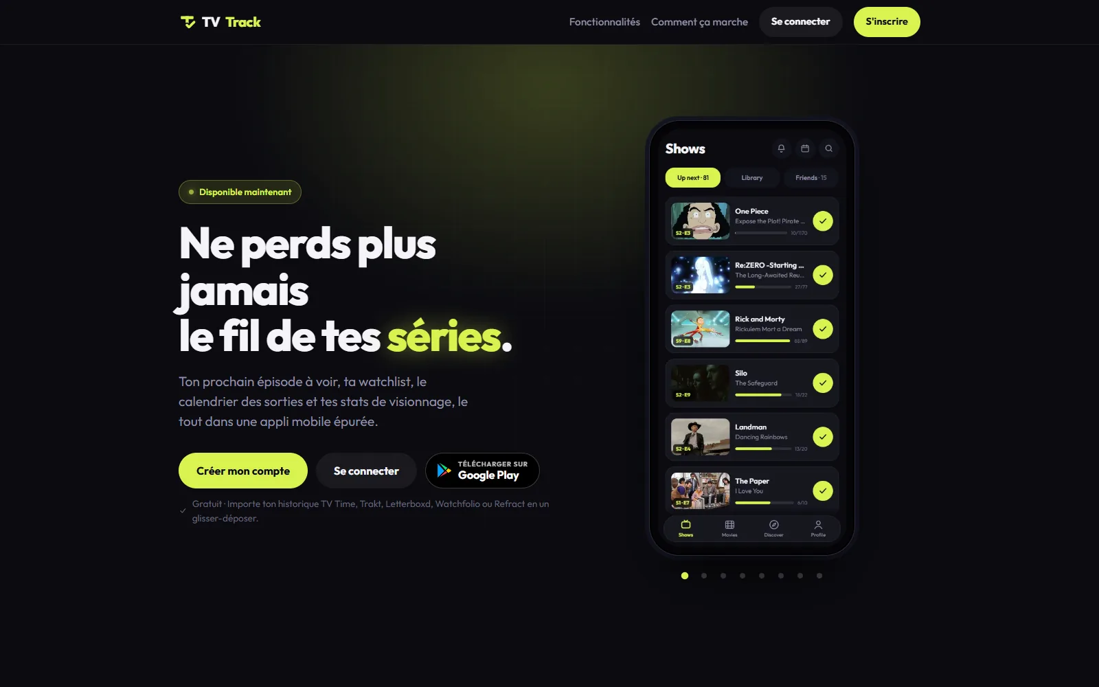 TV Track: free TV show tracker, landing page with the Up next queue on a phone