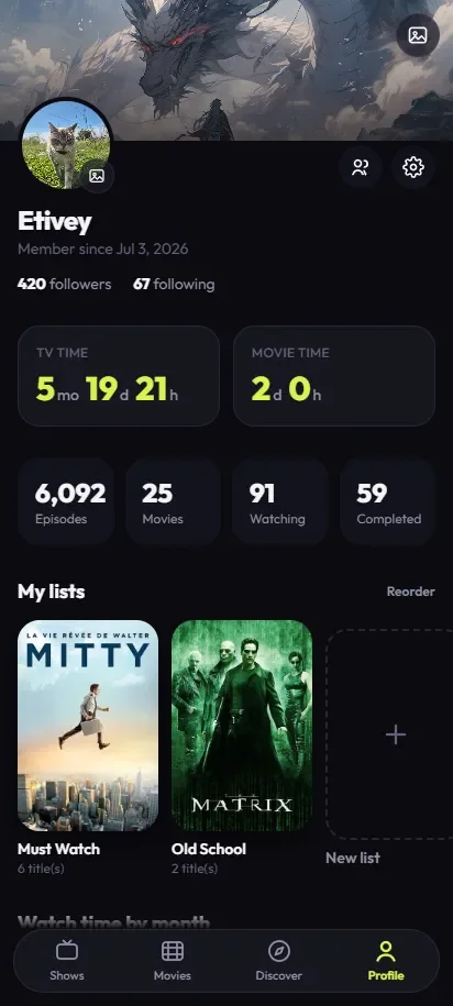 TV Track profile: total watch time, followers and custom lists
