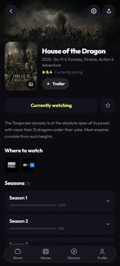 TV Track show page: House of the Dragon with trailer, where to watch and season progress