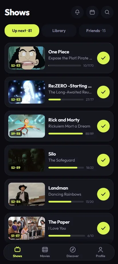 TV Track Shows tab: the Up next queue with the exact next episode of every series you follow