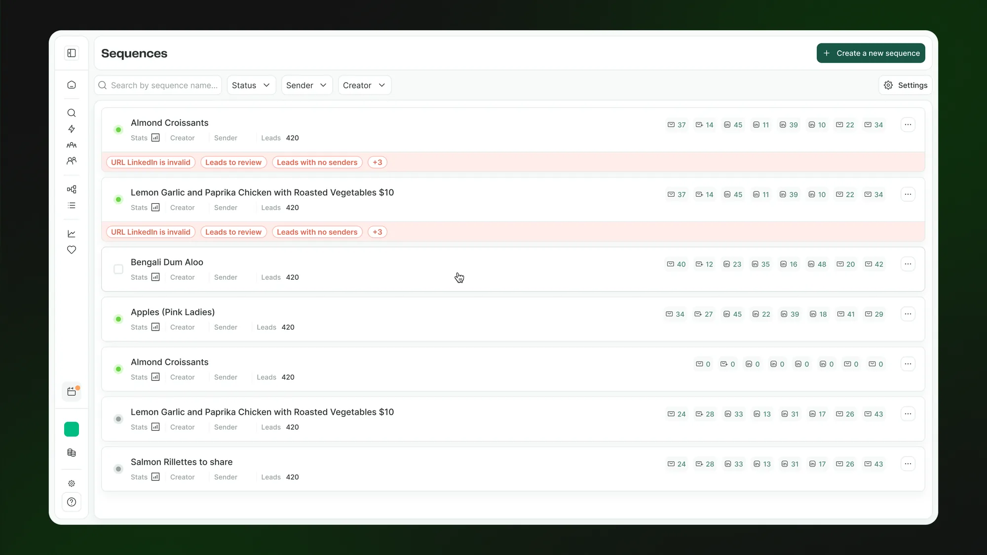 Zeliq sequences dashboard: list of outreach campaigns with delivery stats and lead review warnings