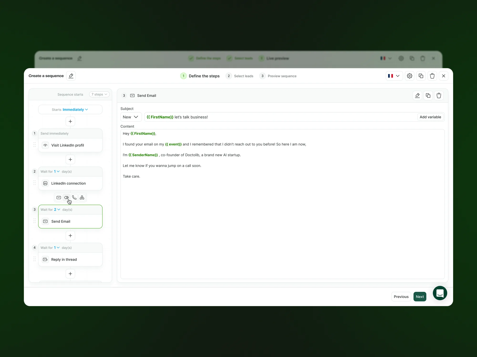 Zeliq sequence builder: multi-step outreach flow mixing LinkedIn actions and personalized emails with variables