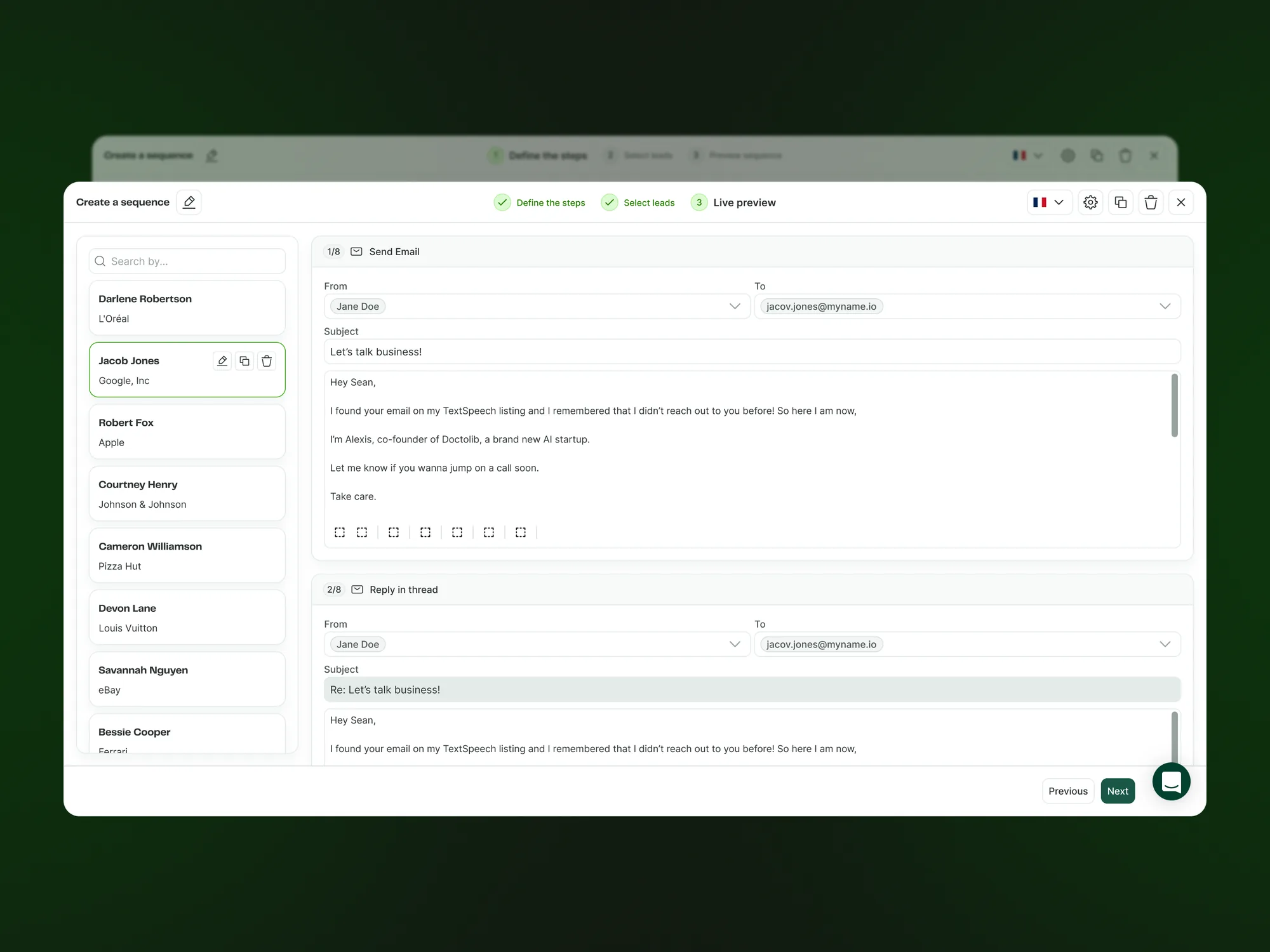 Zeliq live preview: reviewing each personalized email per lead before launching a sequence