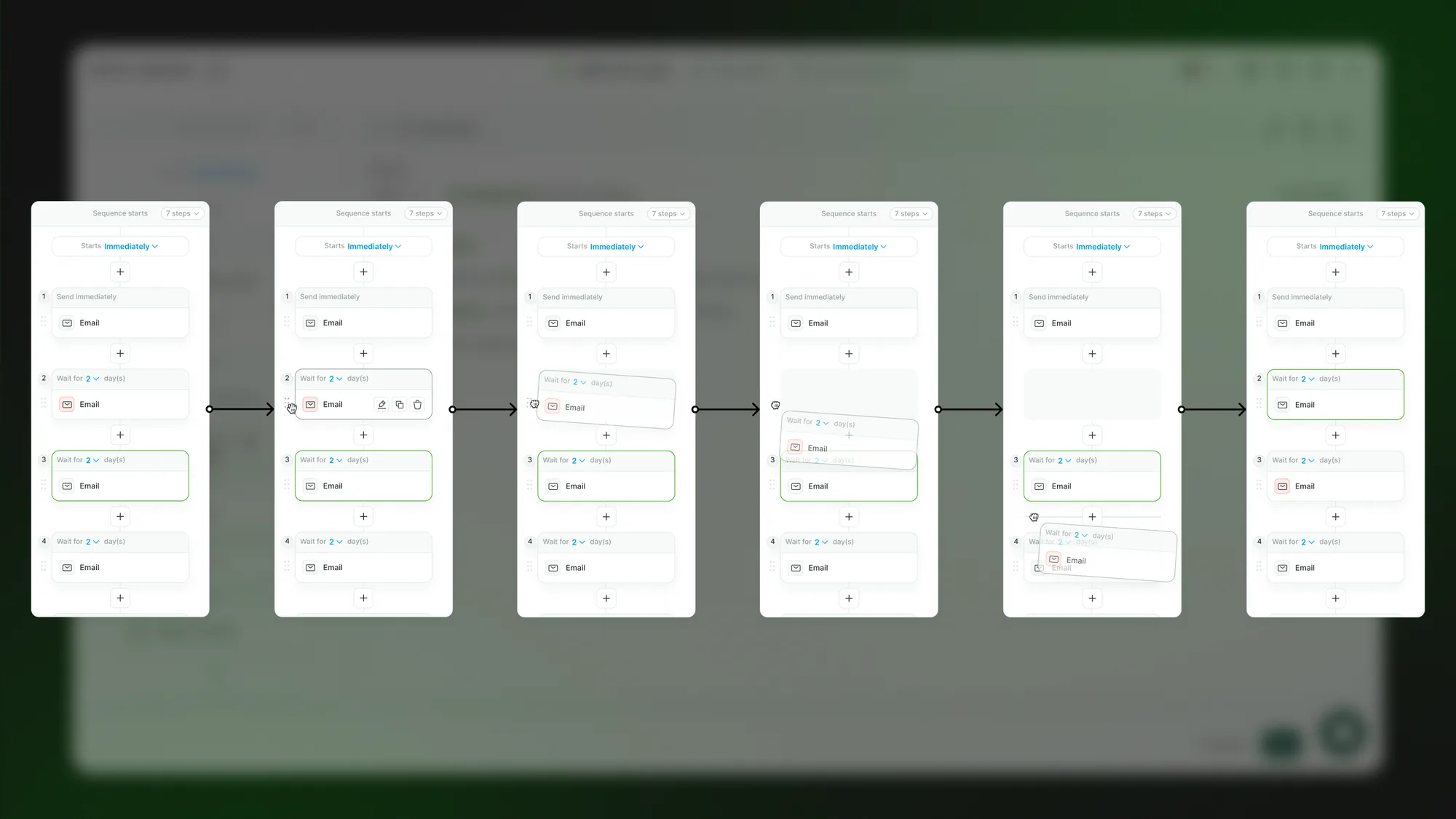 Zeliq sequence builder interaction states: drag-and-drop reordering of outreach steps