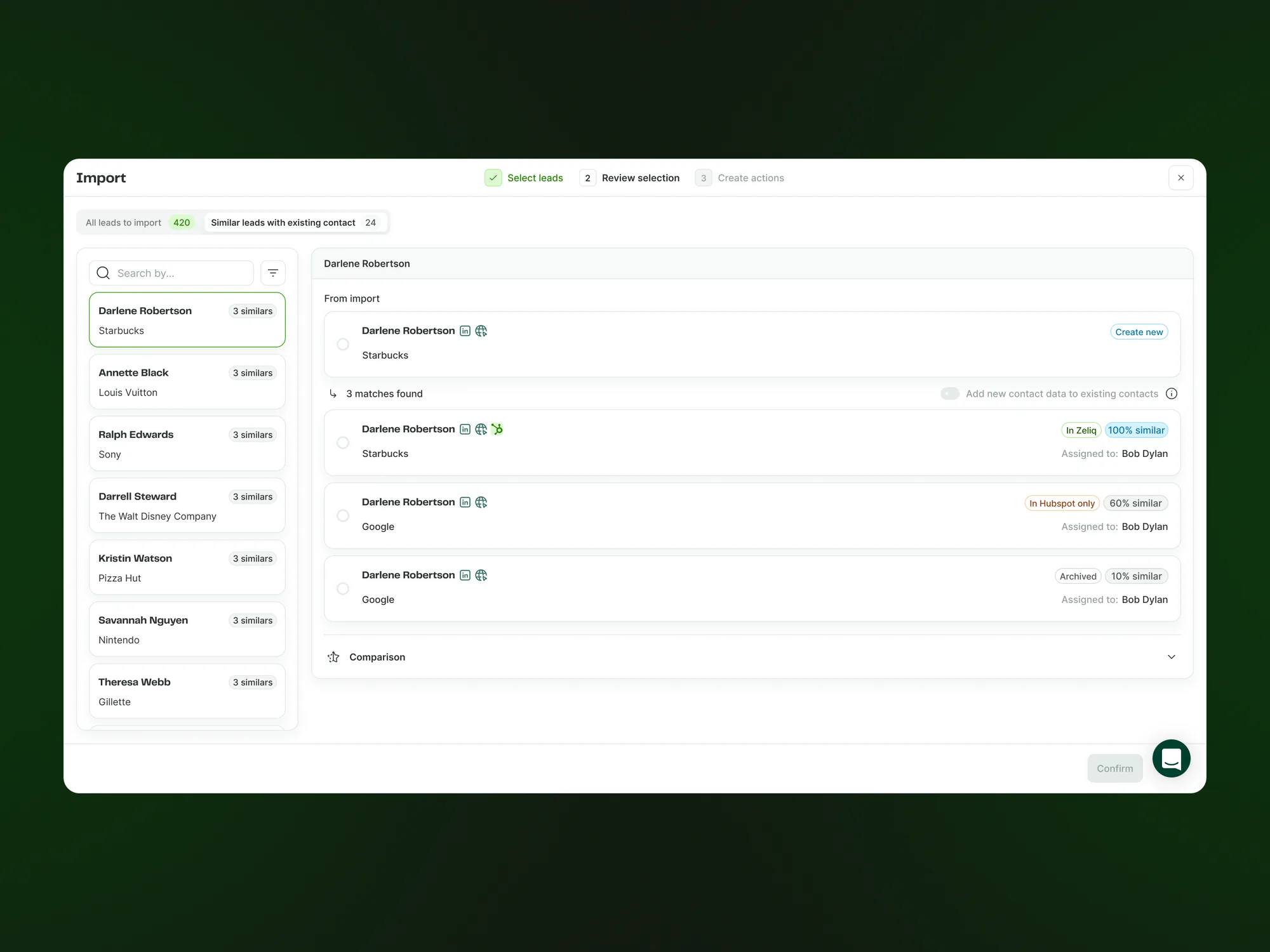 Zeliq lead import: duplicate detection matching imported leads against existing contacts