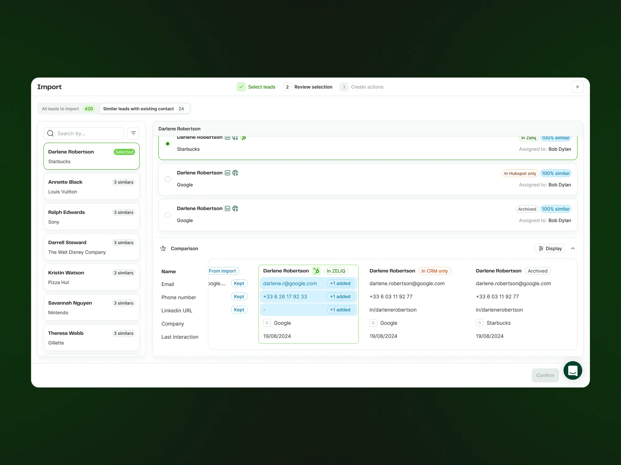 Zeliq import comparison: field-by-field merge between imported data, CRM record and Zeliq contact